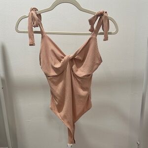 Ribbed Pink Tie-Strap Bodysuit